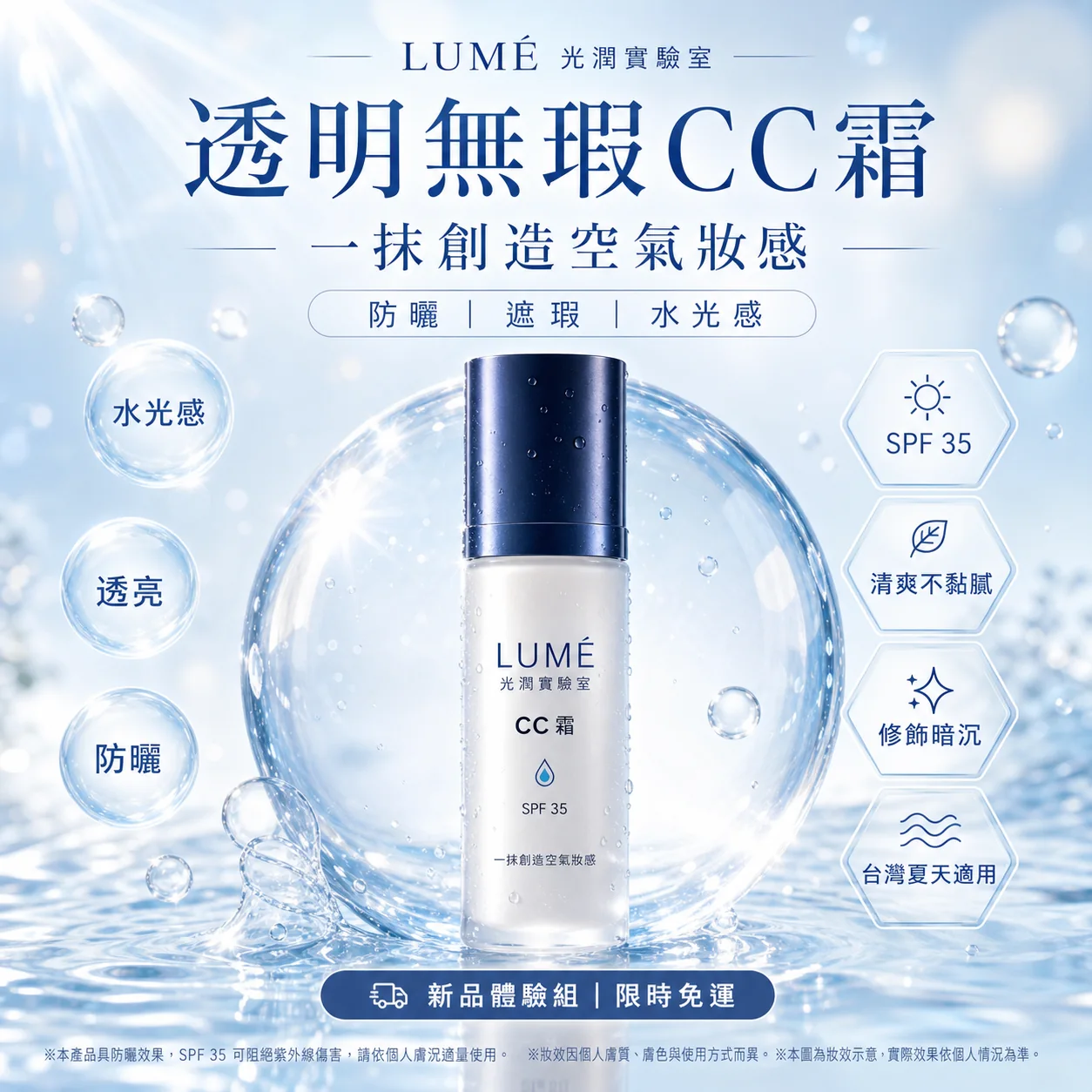 依照左側 Prompt 用 Image2 生成的繁體中文藍白水感美妝廣告案例